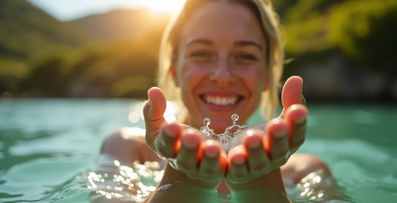 Gros plan d'une main féminine recueillant de l'eau claire et fraîche, symbolisant l'accès à l'eau potable et la libération du temps