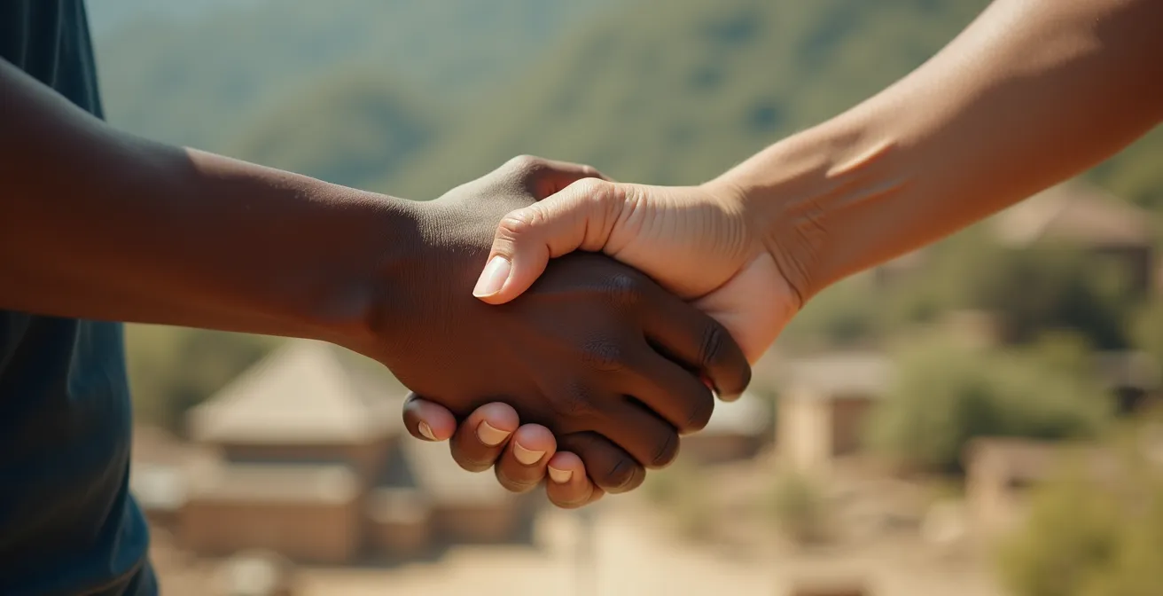 Deux mains se serrant fermement, symbolisant le partenariat égalitaire et le respect mutuel entre cultures