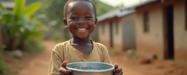 Un enfant souriant tenant un seau d'eau propre, symbolisant l'accès à l'eau potable dans un village asiatique