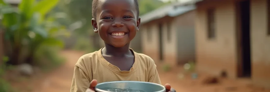 Un enfant souriant tenant un seau d'eau propre, symbolisant l'accès à l'eau potable dans un village asiatique